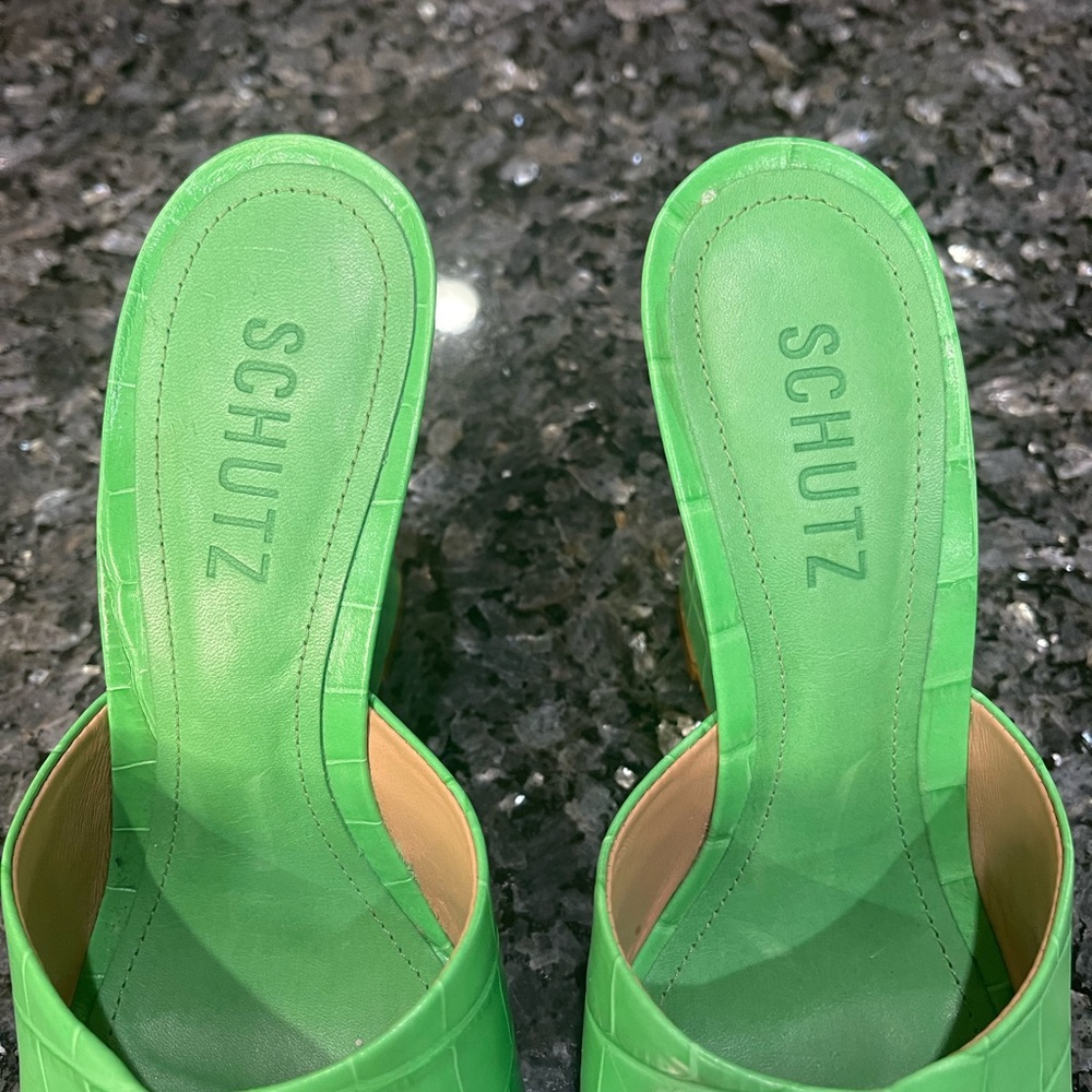 SCHUTZ Posseni Green Croc Embossed Leather Mules Size 6 - Picture 2 of 11